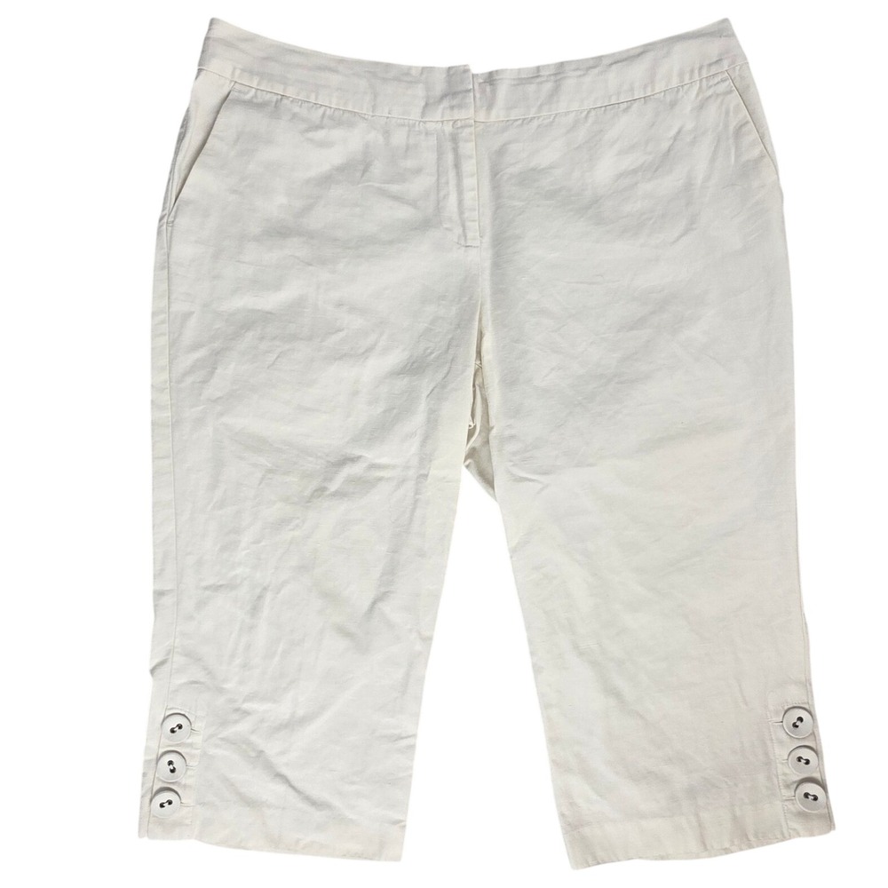 Tommy Bahama Women 10 White Cotton Linen Silk Button Hem Capri Crop Pants